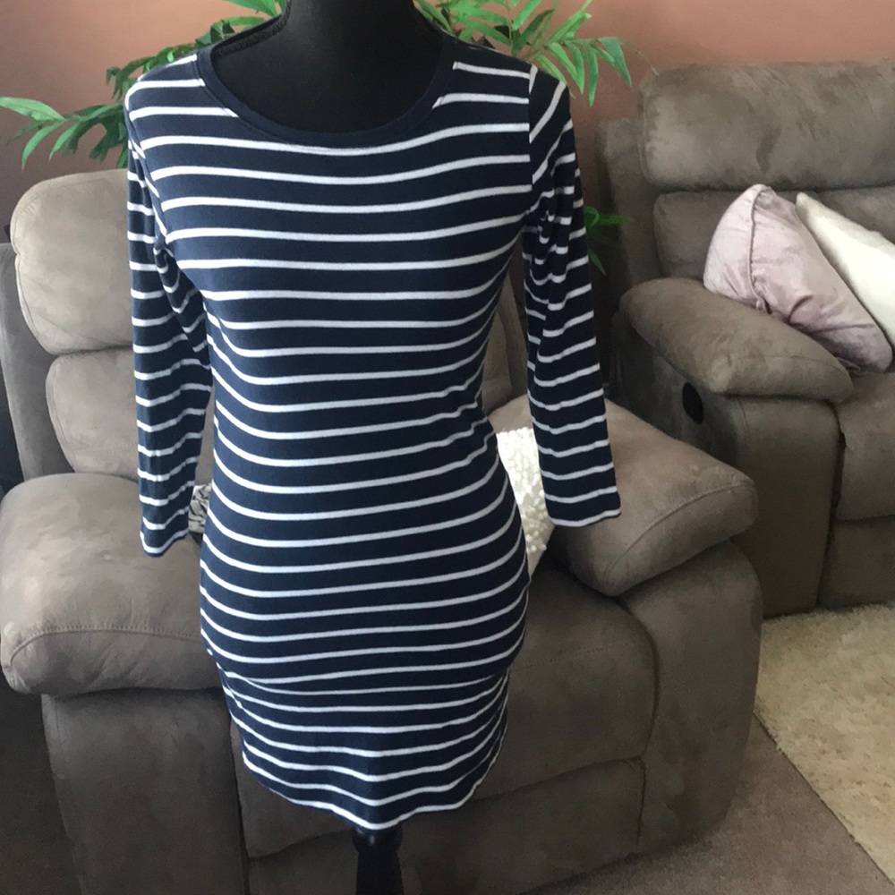 Striped Navy 3/4 Quarter Sleeve Mini Dress